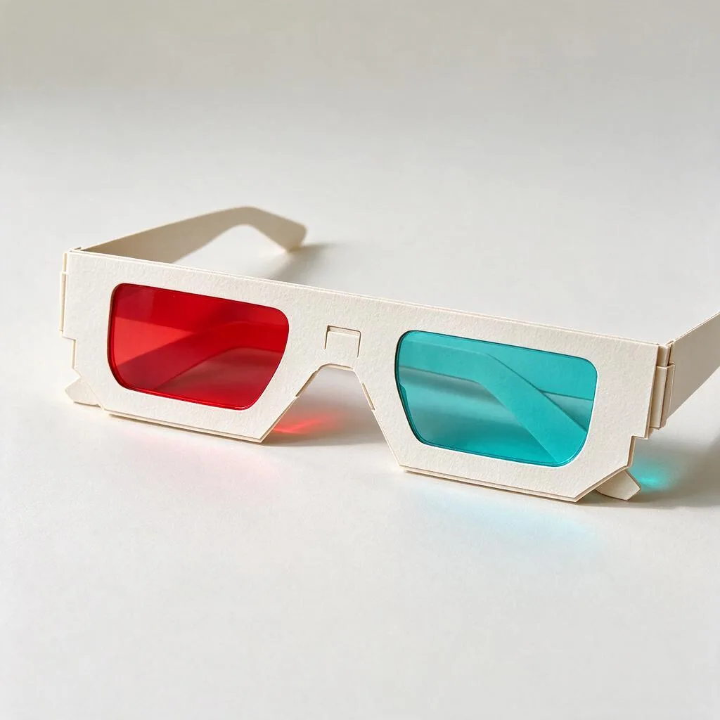 Illustration of paper-frame 3D glasses with red and cyan lenses on a plain background