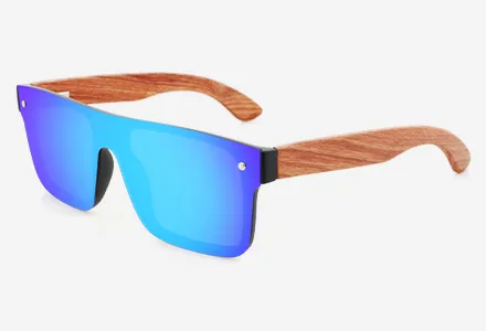 Blue-lens sunglasses with wooden temples on a white background