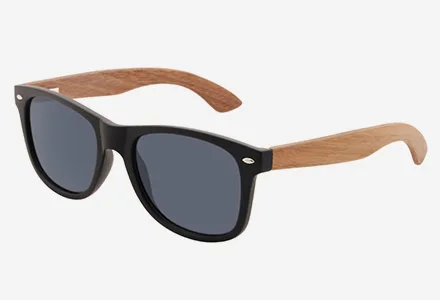 Black-frame sunglasses with wooden temples on a white background